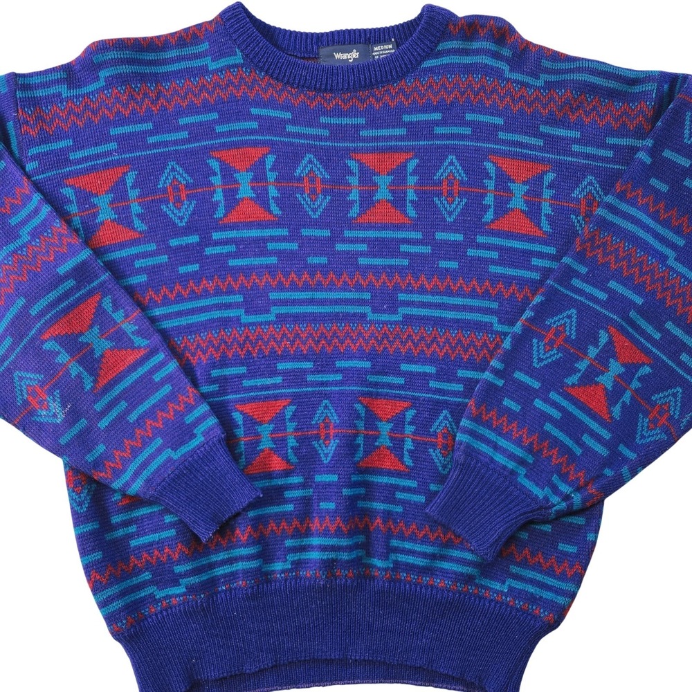 Wrangler Sweater Mens M Purple Crew Neck Pullover Vinyage Geometric Tight-Knit